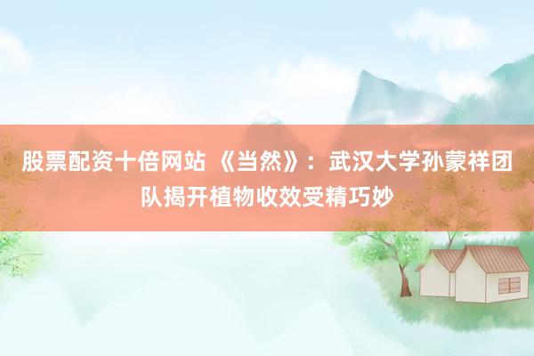 股票配资十倍网站 《当然》:武汉大学孙蒙祥团队揭开植物收效受精巧妙
